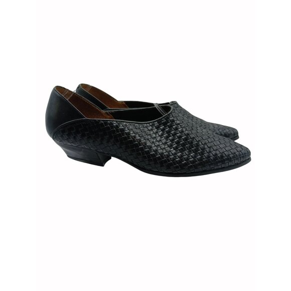 Vintage Ipanema Black Woven Leather Low Heel Shoes Pointed Toe 7 Brazil Loafer - Picture 1 of 16